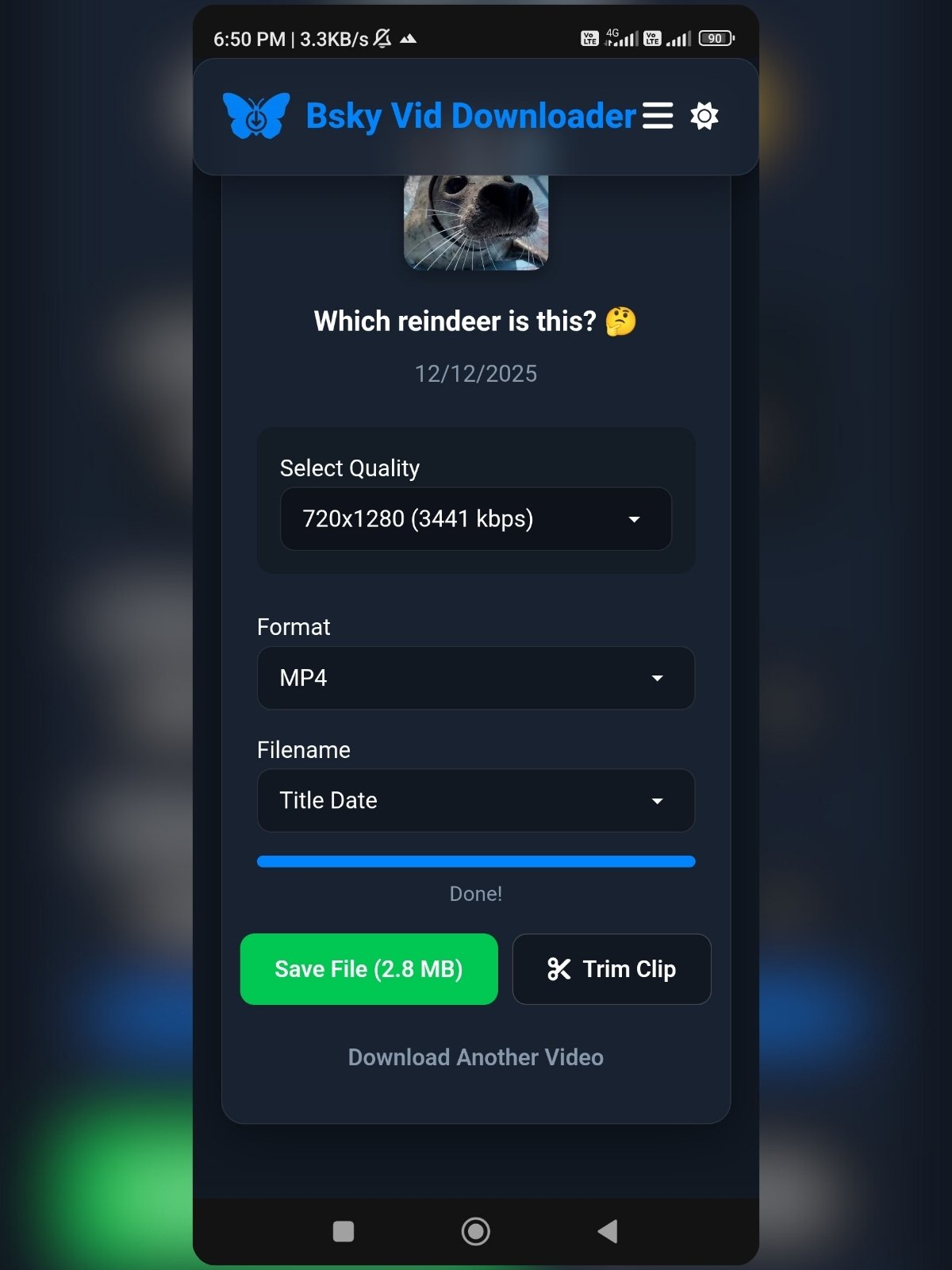 Download Bluesky video on Android Chrome browser with MP4 format selected